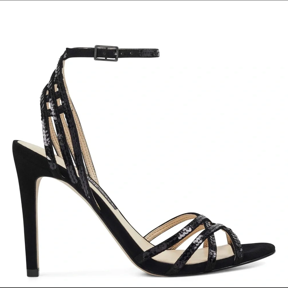Nine West Ivonne Women Black Ankle Strap Sequins 4” Heels size 5 - Picture 2 of 8